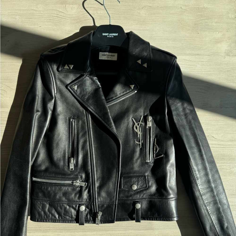 Saint Laurent Black Leather Moto Jacket Size 40
